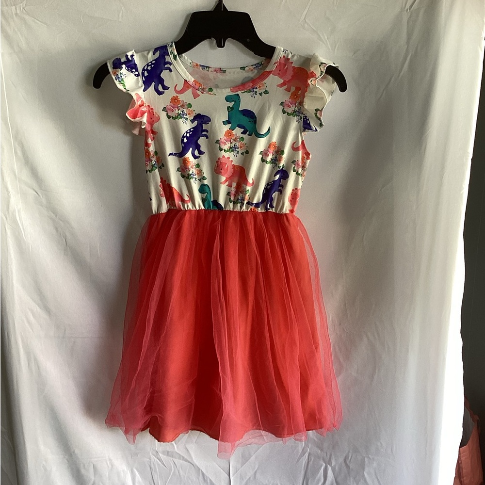 SHEIN White Bodice Multicolor Dinosaur Print Dress with Coral Tulle Skirt